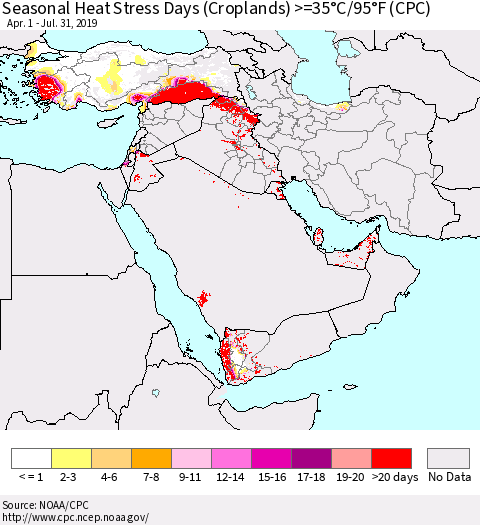 Middle East and Turkey Seasonal Heat Stress Days (Croplands) >=35°C/95°F (CPC) Thematic Map For 4/1/2019 - 7/31/2019