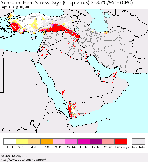 Middle East and Turkey Seasonal Heat Stress Days (Croplands) >=35°C/95°F (CPC) Thematic Map For 4/1/2019 - 8/10/2019