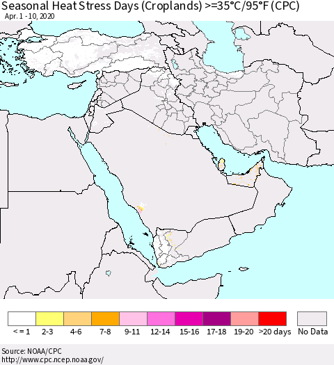 Middle East and Turkey Seasonal Heat Stress Days (Croplands) >=35°C/95°F (CPC) Thematic Map For 4/1/2020 - 4/10/2020