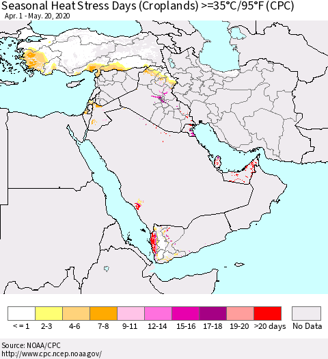 Middle East and Turkey Seasonal Heat Stress Days (Croplands) >=35°C/95°F (CPC) Thematic Map For 4/1/2020 - 5/20/2020