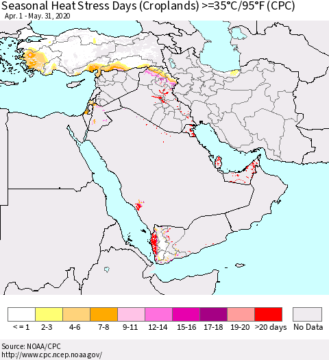 Middle East and Turkey Seasonal Heat Stress Days (Croplands) >=35°C/95°F (CPC) Thematic Map For 4/1/2020 - 5/31/2020