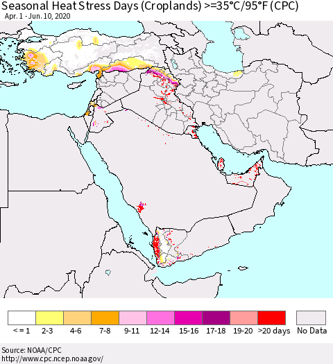 Middle East and Turkey Seasonal Heat Stress Days (Croplands) >=35°C/95°F (CPC) Thematic Map For 4/1/2020 - 6/10/2020