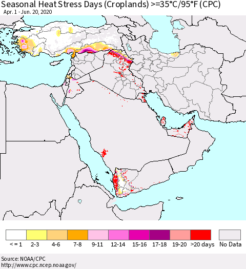 Middle East and Turkey Seasonal Heat Stress Days (Croplands) >=35°C/95°F (CPC) Thematic Map For 4/1/2020 - 6/20/2020