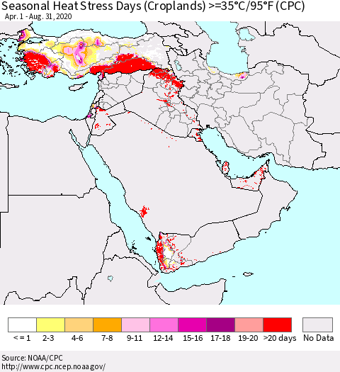 Middle East and Turkey Seasonal Heat Stress Days (Croplands) >=35°C/95°F (CPC) Thematic Map For 4/1/2020 - 8/31/2020