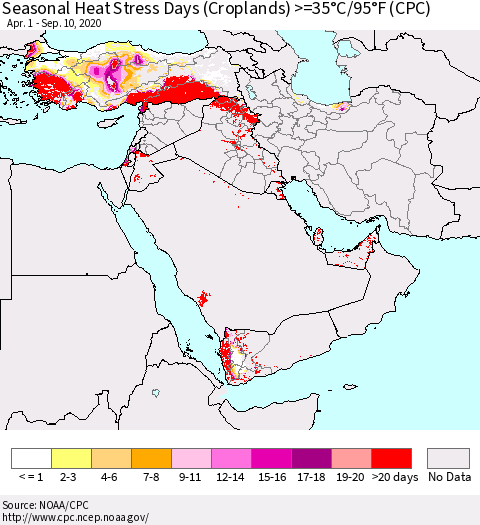 Middle East and Turkey Seasonal Heat Stress Days (Croplands) >=35°C/95°F (CPC) Thematic Map For 4/1/2020 - 9/10/2020