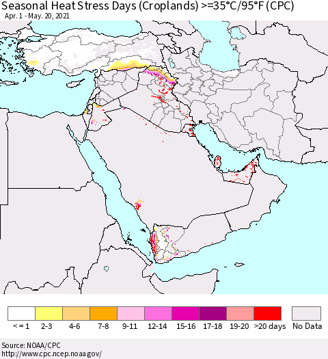 Middle East and Turkey Seasonal Heat Stress Days (Croplands) >=35°C/95°F (CPC) Thematic Map For 4/1/2021 - 5/20/2021