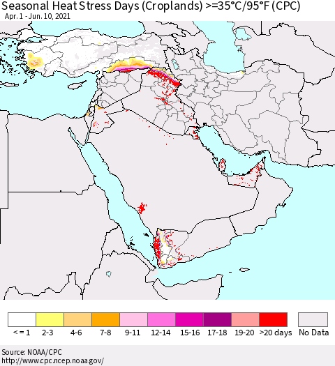 Middle East and Turkey Seasonal Heat Stress Days (Croplands) >=35°C/95°F (CPC) Thematic Map For 4/1/2021 - 6/10/2021