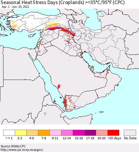 Middle East and Turkey Seasonal Heat Stress Days (Croplands) >=35°C/95°F (CPC) Thematic Map For 4/1/2021 - 6/20/2021