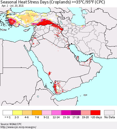 Middle East and Turkey Seasonal Heat Stress Days (Croplands) >=35°C/95°F (CPC) Thematic Map For 4/1/2021 - 7/20/2021
