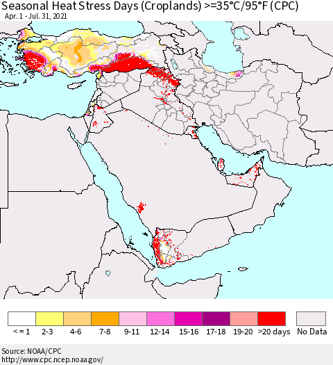 Middle East and Turkey Seasonal Heat Stress Days (Croplands) >=35°C/95°F (CPC) Thematic Map For 4/1/2021 - 7/31/2021
