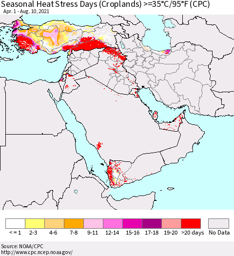Middle East and Turkey Seasonal Heat Stress Days (Croplands) >=35°C/95°F (CPC) Thematic Map For 4/1/2021 - 8/10/2021