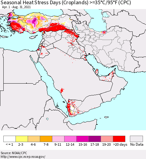 Middle East and Turkey Seasonal Heat Stress Days (Croplands) >=35°C/95°F (CPC) Thematic Map For 4/1/2021 - 8/31/2021