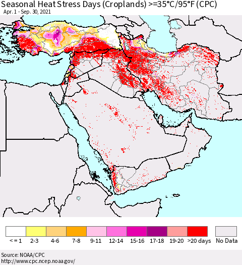 Middle East and Turkey Seasonal Heat Stress Days (Croplands) >=35°C/95°F (CPC) Thematic Map For 4/1/2021 - 9/30/2021