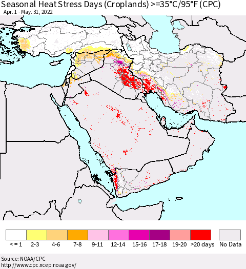 Middle East and Turkey Seasonal Heat Stress Days (Croplands) >=35°C/95°F (CPC) Thematic Map For 4/1/2022 - 5/31/2022
