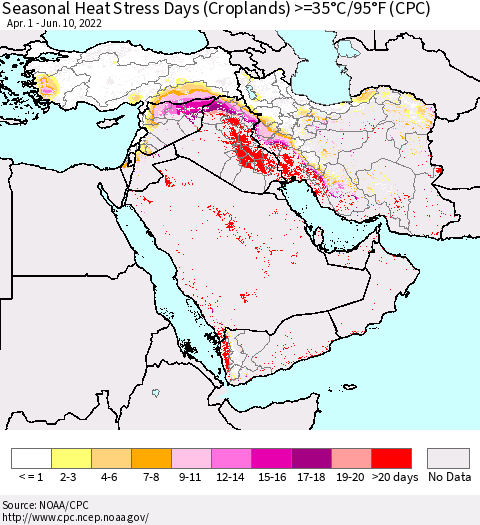 Middle East and Turkey Seasonal Heat Stress Days (Croplands) >=35°C/95°F (CPC) Thematic Map For 4/1/2022 - 6/10/2022