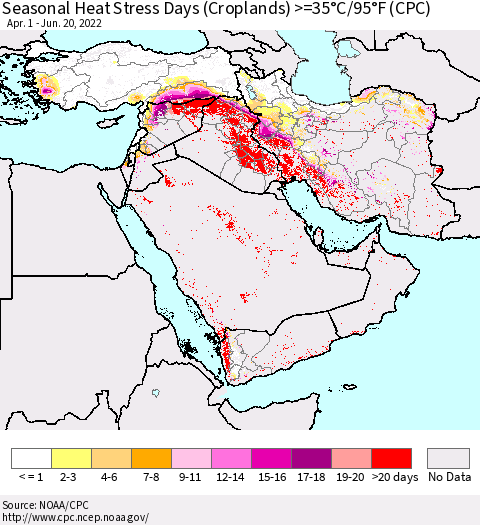 Middle East and Turkey Seasonal Heat Stress Days (Croplands) >=35°C/95°F (CPC) Thematic Map For 4/1/2022 - 6/20/2022
