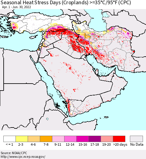 Middle East and Turkey Seasonal Heat Stress Days (Croplands) >=35°C/95°F (CPC) Thematic Map For 4/1/2022 - 6/30/2022