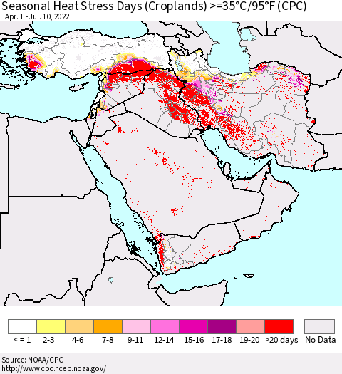 Middle East and Turkey Seasonal Heat Stress Days (Croplands) >=35°C/95°F (CPC) Thematic Map For 4/1/2022 - 7/10/2022