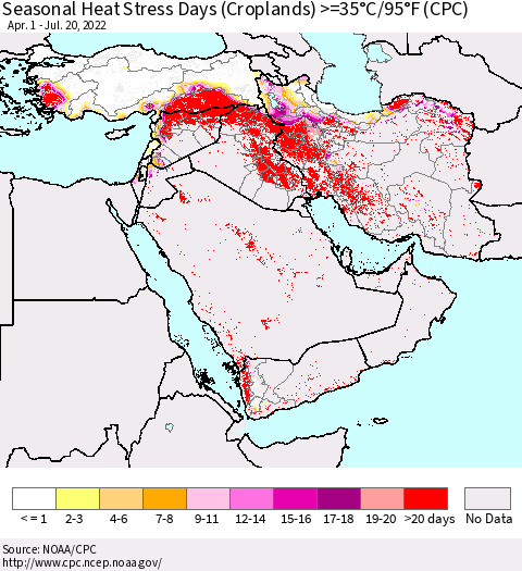 Middle East and Turkey Seasonal Heat Stress Days (Croplands) >=35°C/95°F (CPC) Thematic Map For 4/1/2022 - 7/20/2022