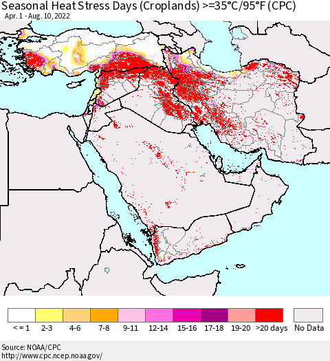 Middle East and Turkey Seasonal Heat Stress Days (Croplands) >=35°C/95°F (CPC) Thematic Map For 4/1/2022 - 8/10/2022
