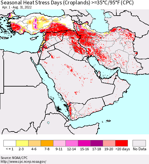 Middle East and Turkey Seasonal Heat Stress Days (Croplands) >=35°C/95°F (CPC) Thematic Map For 4/1/2022 - 8/31/2022