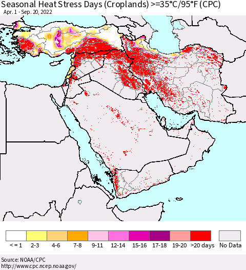 Middle East and Turkey Seasonal Heat Stress Days (Croplands) >=35°C/95°F (CPC) Thematic Map For 4/1/2022 - 9/20/2022