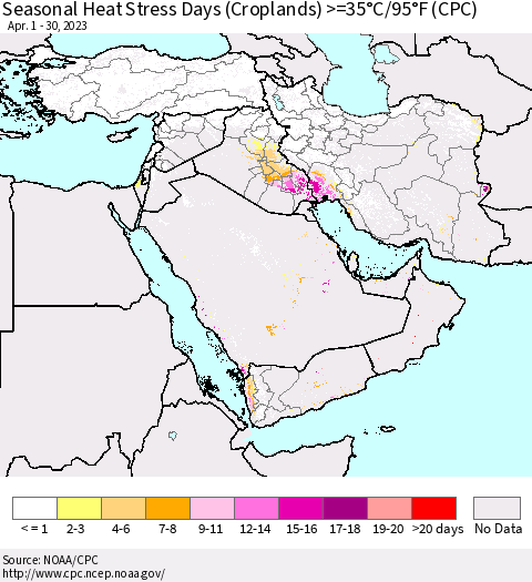 Middle East and Turkey Seasonal Heat Stress Days (Croplands) >=35°C/95°F (CPC) Thematic Map For 4/1/2023 - 4/30/2023