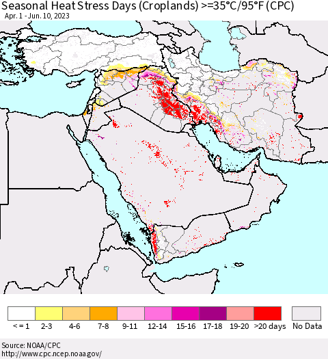 Middle East and Turkey Seasonal Heat Stress Days (Croplands) >=35°C/95°F (CPC) Thematic Map For 4/1/2023 - 6/10/2023