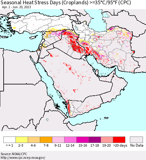 Middle East and Turkey Seasonal Heat Stress Days (Croplands) >=35°C/95°F (CPC) Thematic Map For 4/1/2023 - 6/20/2023