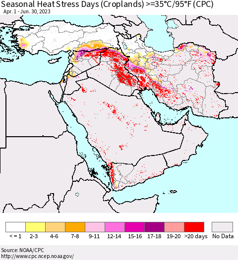 Middle East and Turkey Seasonal Heat Stress Days (Croplands) >=35°C/95°F (CPC) Thematic Map For 4/1/2023 - 6/30/2023