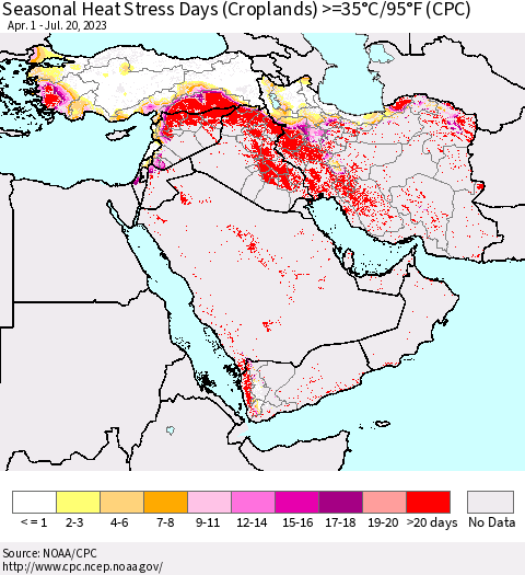 Middle East and Turkey Seasonal Heat Stress Days (Croplands) >=35°C/95°F (CPC) Thematic Map For 4/1/2023 - 7/20/2023