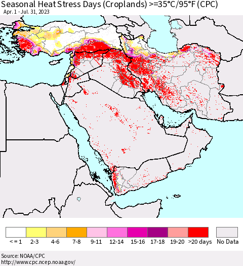 Middle East and Turkey Seasonal Heat Stress Days (Croplands) >=35°C/95°F (CPC) Thematic Map For 4/1/2023 - 7/31/2023