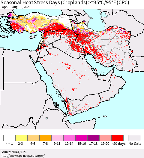Middle East and Turkey Seasonal Heat Stress Days (Croplands) >=35°C/95°F (CPC) Thematic Map For 4/1/2023 - 8/10/2023