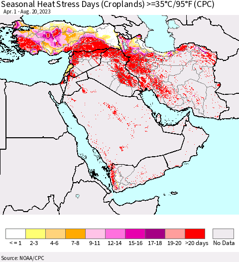 Middle East and Turkey Seasonal Heat Stress Days (Croplands) >=35°C/95°F (CPC) Thematic Map For 4/1/2023 - 8/20/2023