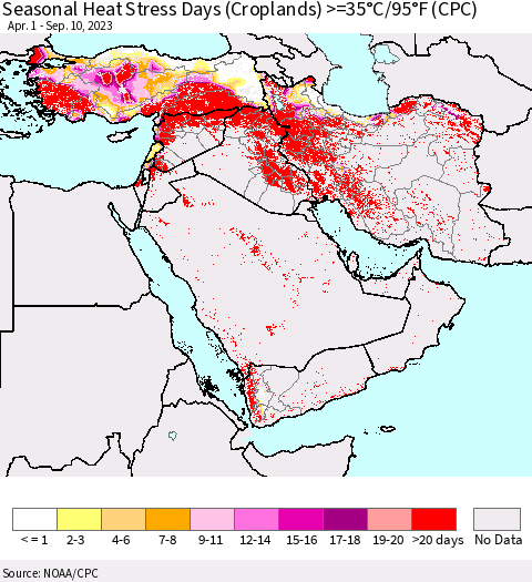 Middle East and Turkey Seasonal Heat Stress Days (Croplands) >=35°C/95°F (CPC) Thematic Map For 4/1/2023 - 9/10/2023