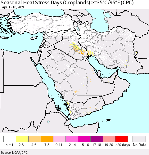 Middle East and Turkey Seasonal Heat Stress Days (Croplands) >=35°C/95°F (CPC) Thematic Map For 4/1/2024 - 4/10/2024
