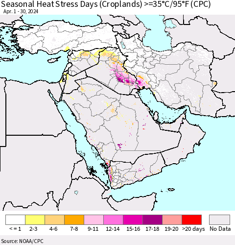 Middle East and Turkey Seasonal Heat Stress Days (Croplands) >=35°C/95°F (CPC) Thematic Map For 4/1/2024 - 4/30/2024