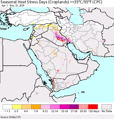 Middle East and Turkey Seasonal Heat Stress Days (Croplands) >=35°C/95°F (CPC) Thematic Map For 4/1/2024 - 5/10/2024