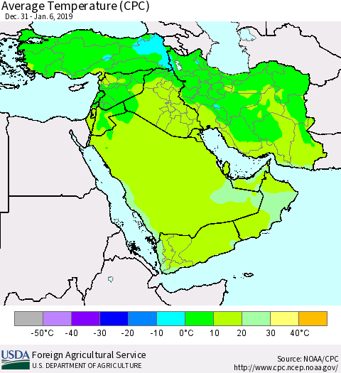 Middle East and Turkey Average Temperature (CPC) Thematic Map For 12/31/2018 - 1/6/2019
