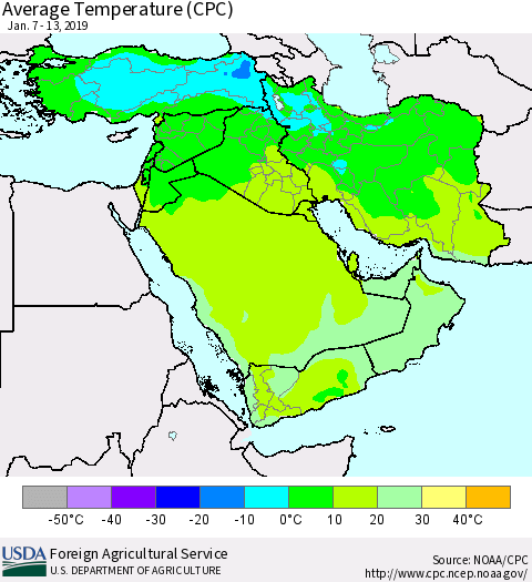 Middle East and Turkey Average Temperature (CPC) Thematic Map For 1/7/2019 - 1/13/2019