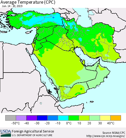 Middle East and Turkey Average Temperature (CPC) Thematic Map For 1/14/2019 - 1/20/2019