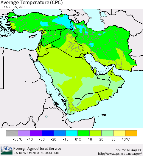 Middle East and Turkey Average Temperature (CPC) Thematic Map For 1/21/2019 - 1/27/2019