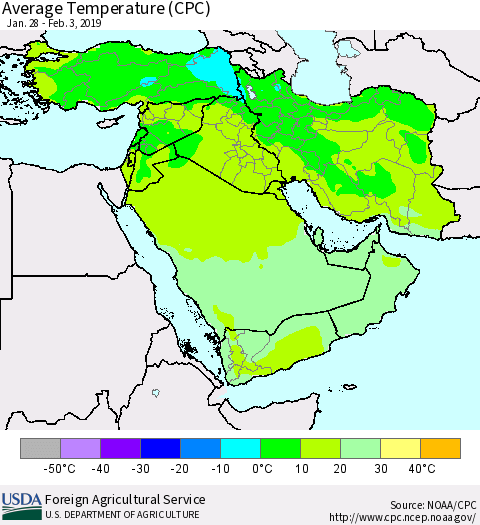 Middle East and Turkey Average Temperature (CPC) Thematic Map For 1/28/2019 - 2/3/2019