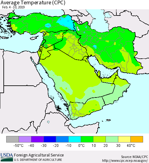 Middle East and Turkey Average Temperature (CPC) Thematic Map For 2/4/2019 - 2/10/2019