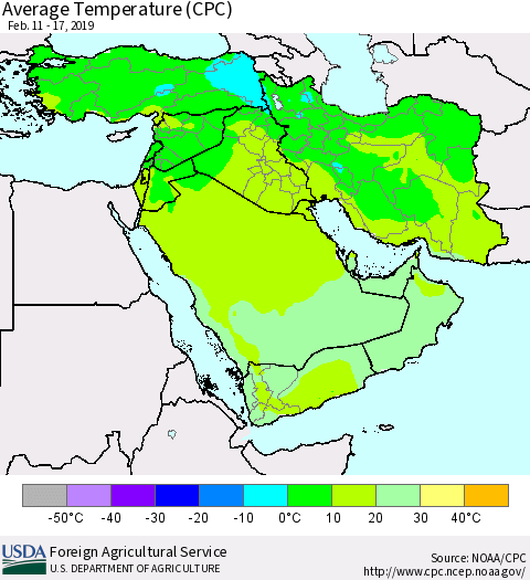 Middle East and Turkey Average Temperature (CPC) Thematic Map For 2/11/2019 - 2/17/2019