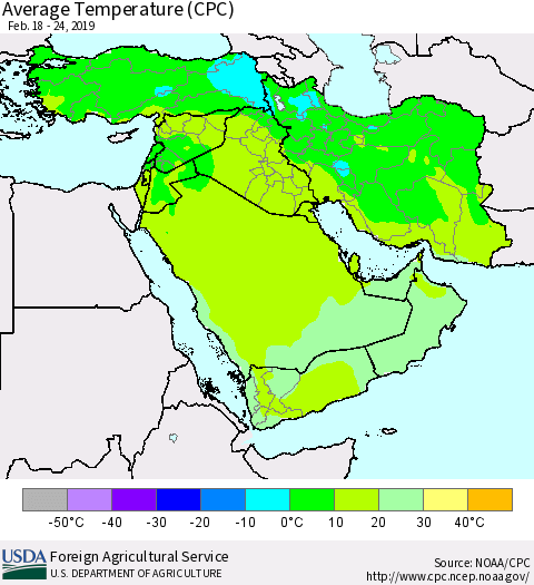 Middle East and Turkey Average Temperature (CPC) Thematic Map For 2/18/2019 - 2/24/2019