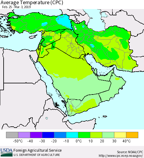 Middle East and Turkey Average Temperature (CPC) Thematic Map For 2/25/2019 - 3/3/2019