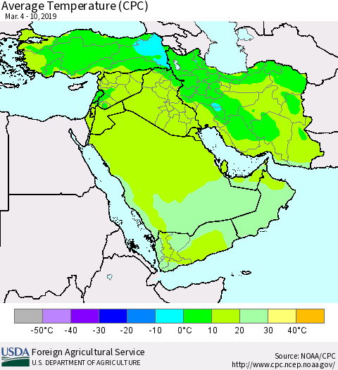 Middle East and Turkey Average Temperature (CPC) Thematic Map For 3/4/2019 - 3/10/2019
