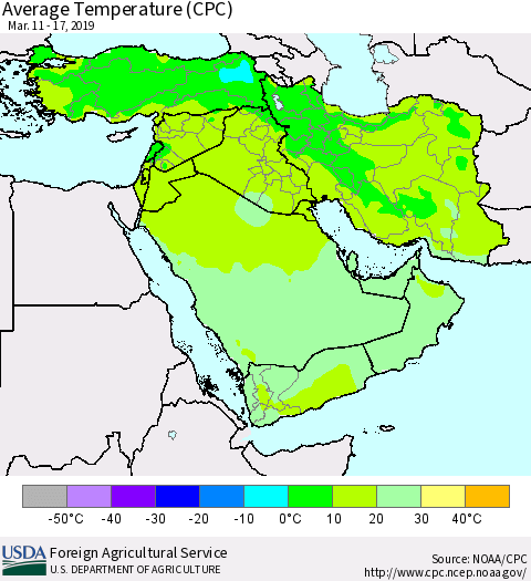 Middle East and Turkey Average Temperature (CPC) Thematic Map For 3/11/2019 - 3/17/2019