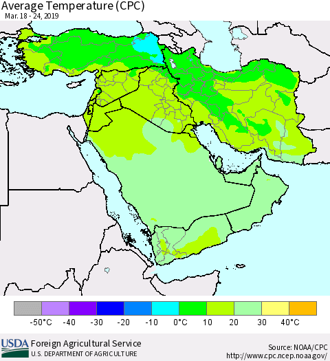 Middle East and Turkey Average Temperature (CPC) Thematic Map For 3/18/2019 - 3/24/2019